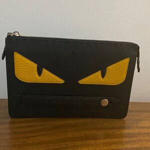 FENDI Black Leather Zipper Monster Eyes Clutch/Wallet with COA